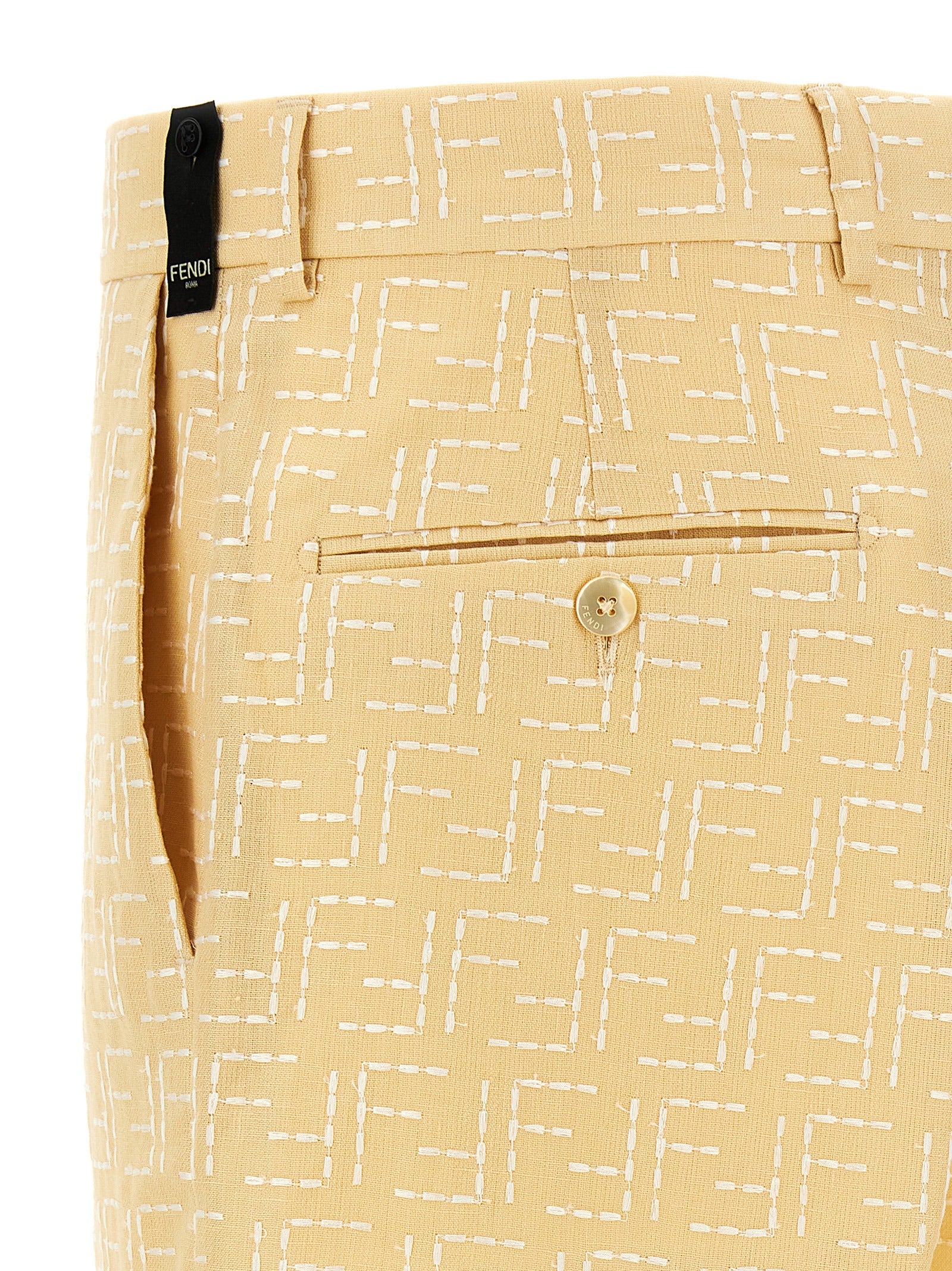 Bermuda Shorts by Fendi for men in linen & cotton bicolour, yellow & jacquard presents a contemporary silhouette, showcasing a contemporary straight with a refined short and elegant .