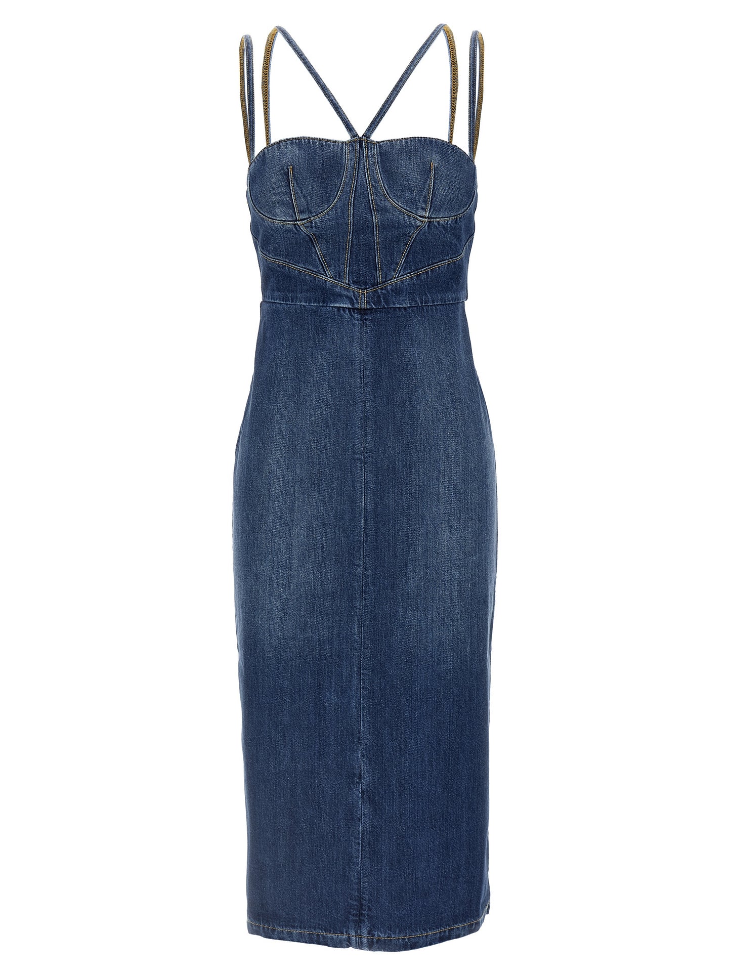 Dress by Nensi Dojaka for women in denim cotton blue features an cute silhouette, detailed with a and split neckline that elegantly flows into a cute midi.