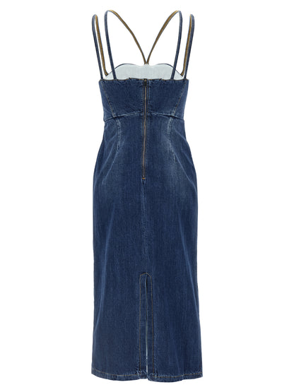 Dress by Nensi Dojaka for women in denim cotton blue showcases a striking silhouette, elegantly detailed with a , refined split neckline, and a striking midi for a striking finish.