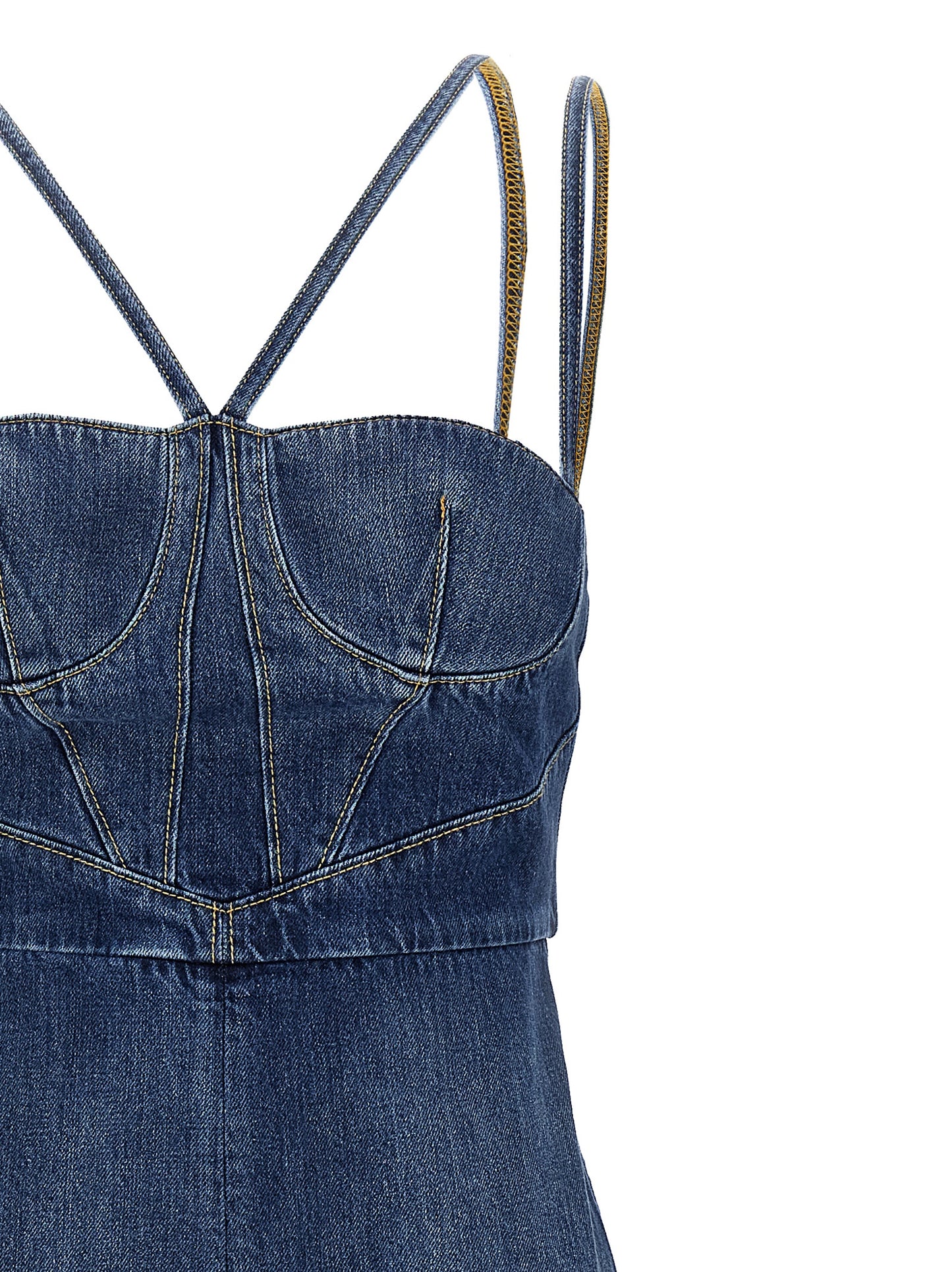 Dress by Nensi Dojaka for women in denim cotton blue features an eye catching silhouette with a sophisticated split neckline, elegant , and a refined midi for a eye catching aesthetic.