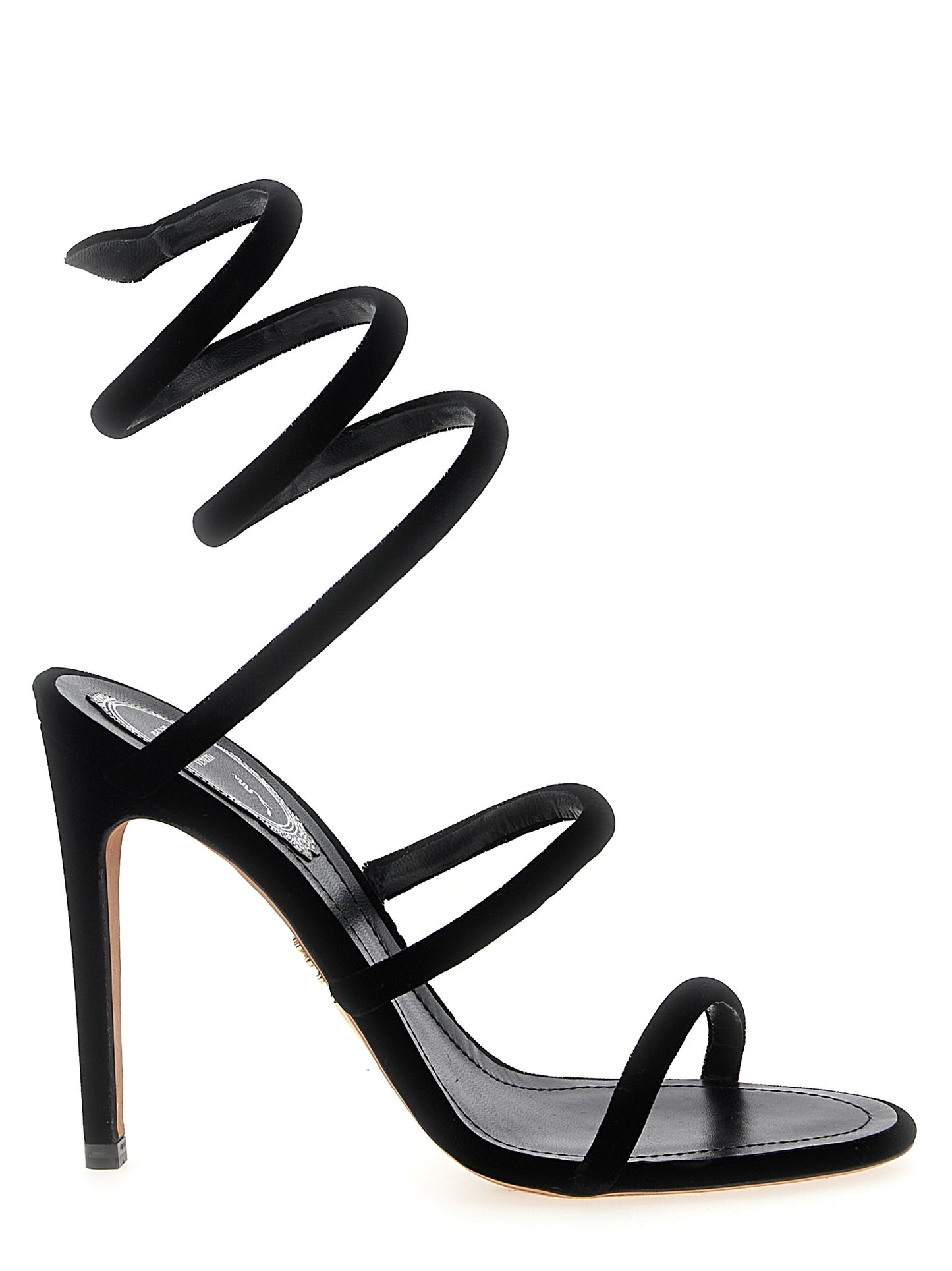 Stiletto Sandals by RENE CAOVILLA for women in velvet & leather black presents a sculptural silhouette, showcasing the Women's Velvet & Leather Stiletto Sandals design with a sculptural stiletto and for a premium look.