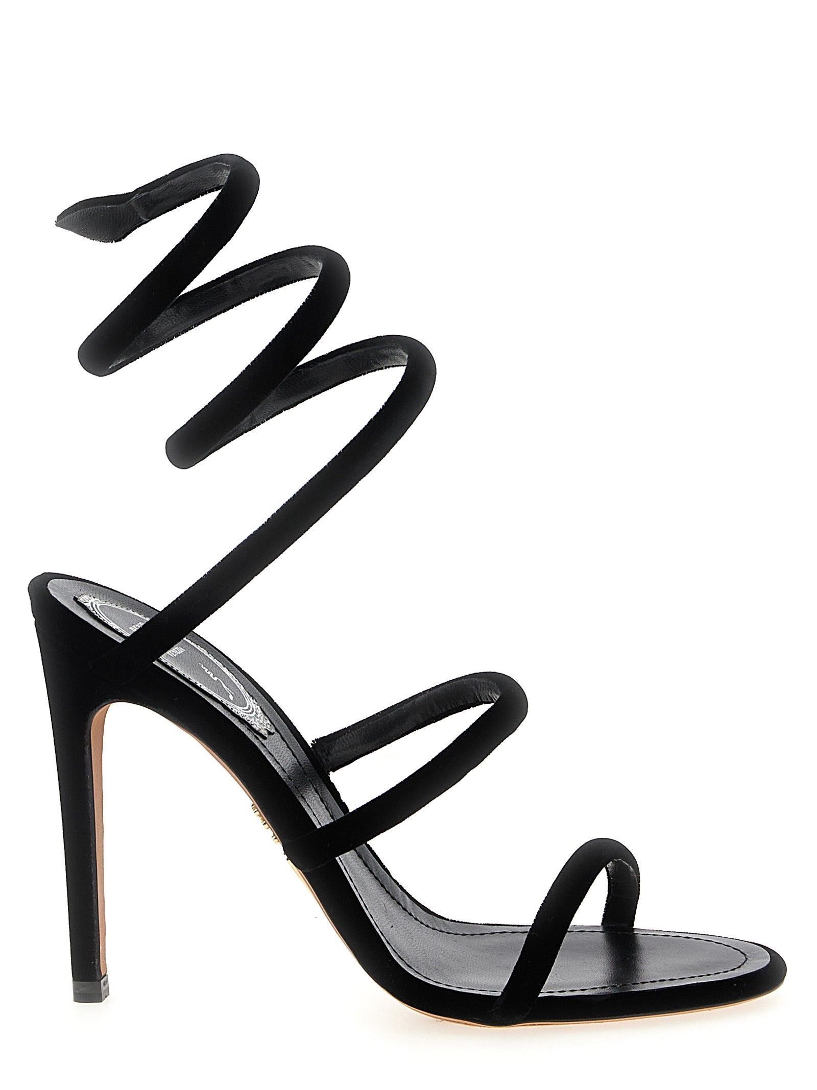 Stiletto Sandals by RENE CAOVILLA for women in velvet & leather black presents a sculptural silhouette, showcasing the Women's Velvet & Leather Stiletto Sandals design with a sculptural stiletto and for a premium look.