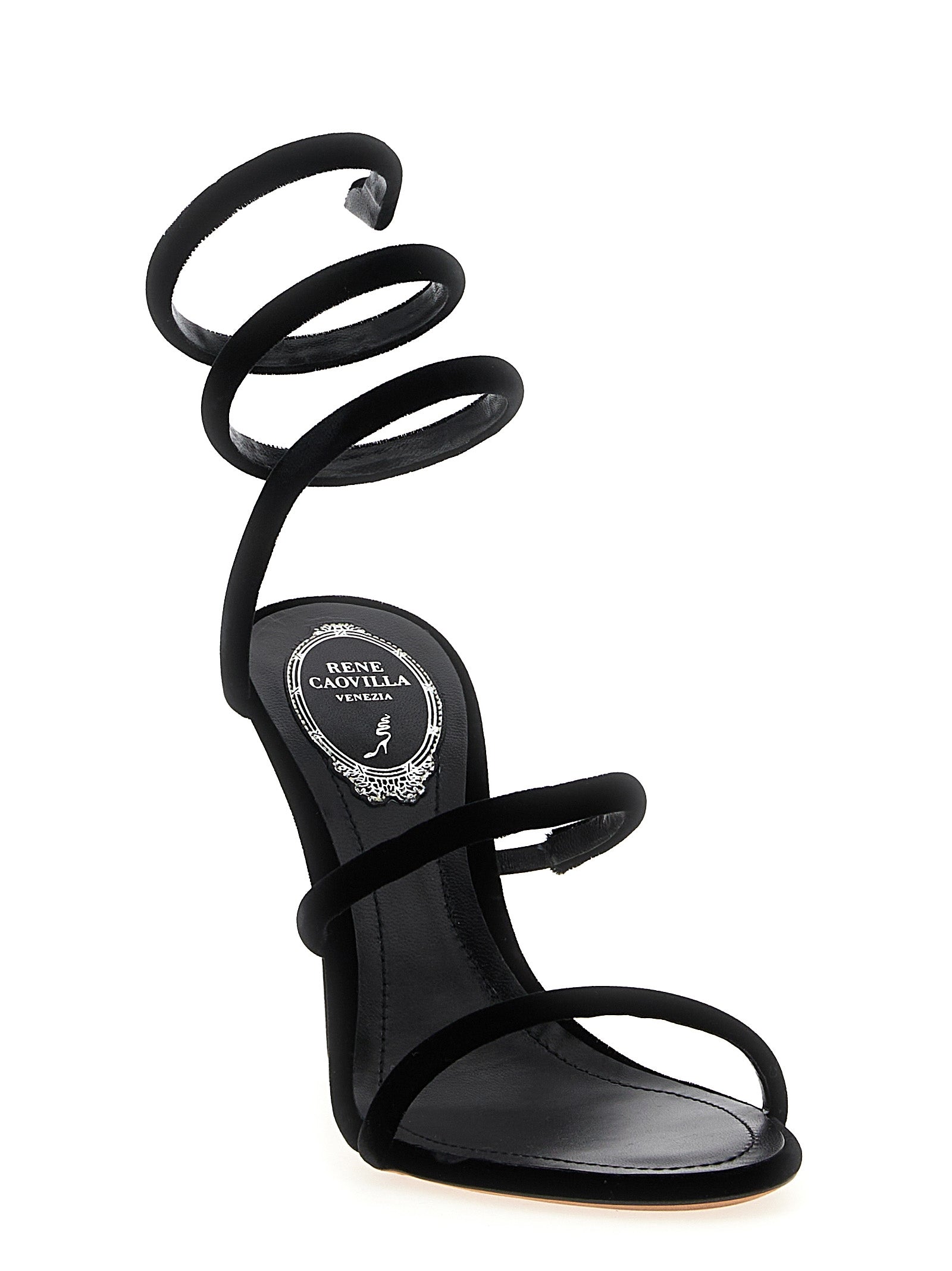 Stiletto Sandals by RENE CAOVILLA for women in velvet & leather black features an effortlessly chic silhouette from the Women's Velvet & Leather Stiletto Sandals collection, showcasing a effortlessly chic stiletto and elegant .
