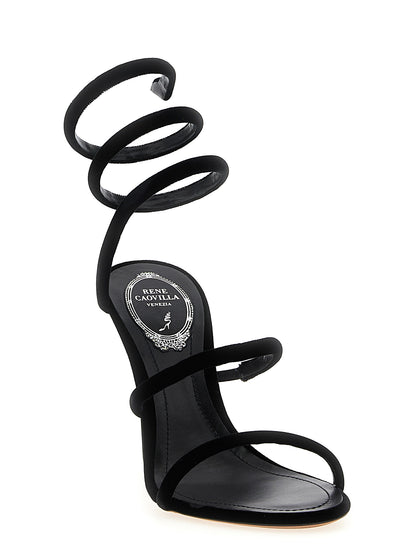 Stiletto Sandals by RENE CAOVILLA for women in velvet & leather black features an effortlessly chic silhouette from the Women's Velvet & Leather Stiletto Sandals collection, showcasing a effortlessly chic stiletto and elegant .