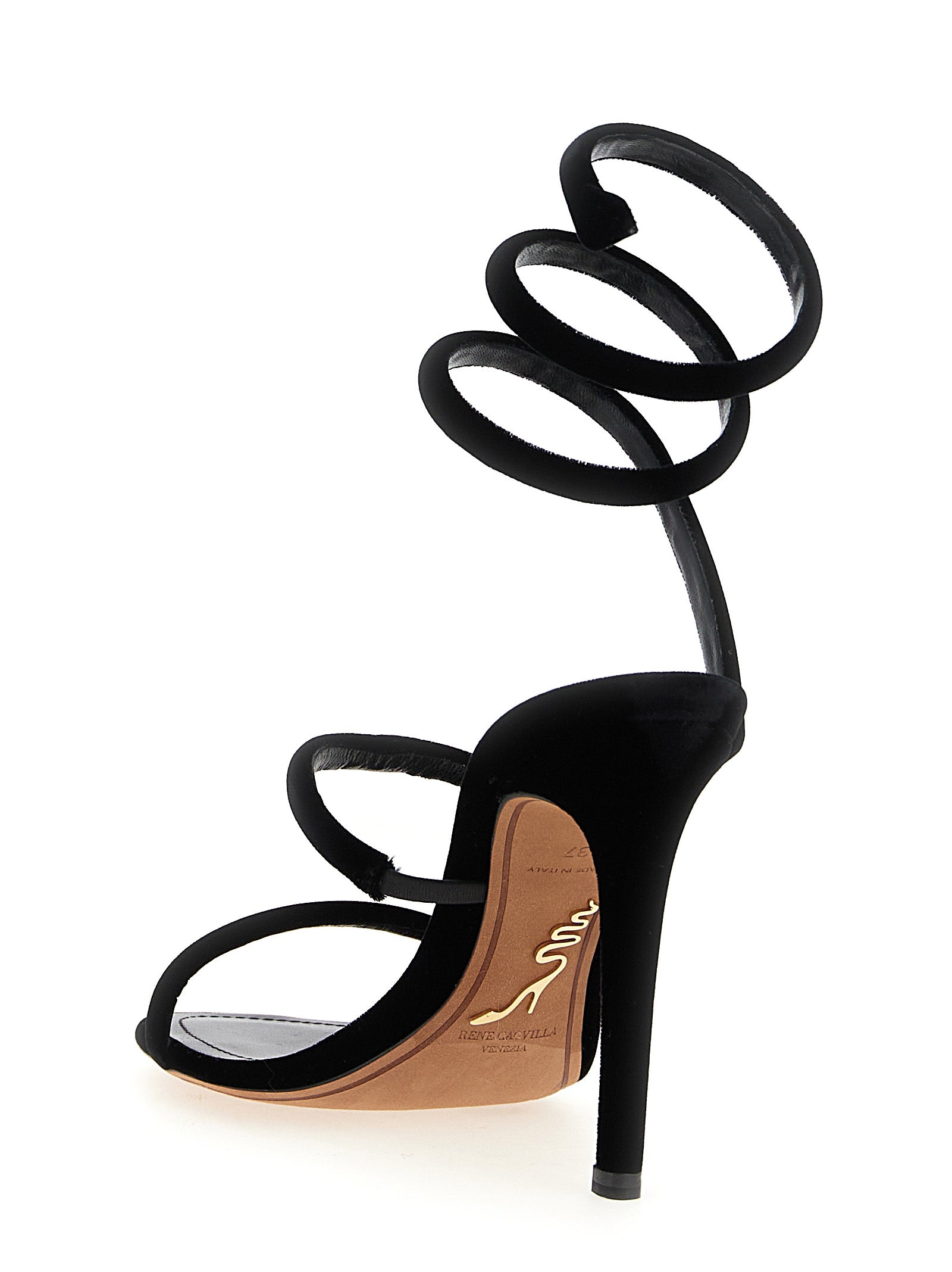 Stiletto Sandals by RENE CAOVILLA for women in velvet & leather black showcases a sculptural silhouette as Women's Velvet & Leather Stiletto Sandals, defined by a sculptural stiletto and sculptural for a sculptural look.