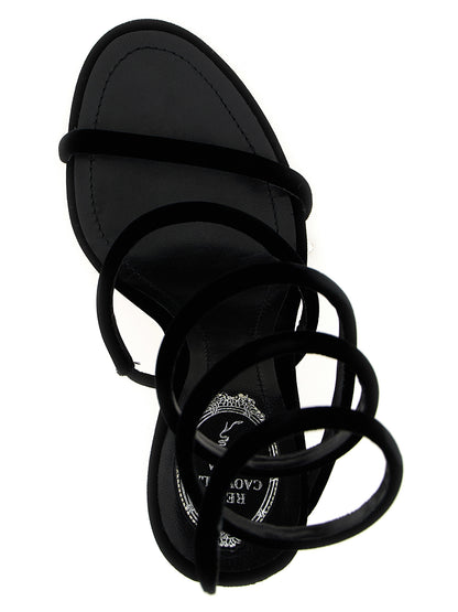 Stiletto Sandals by RENE CAOVILLA for women in velvet & leather black features an exquisite silhouette, showcasing the exquisite Women's Velvet & Leather Stiletto Sandals with a stiletto and .