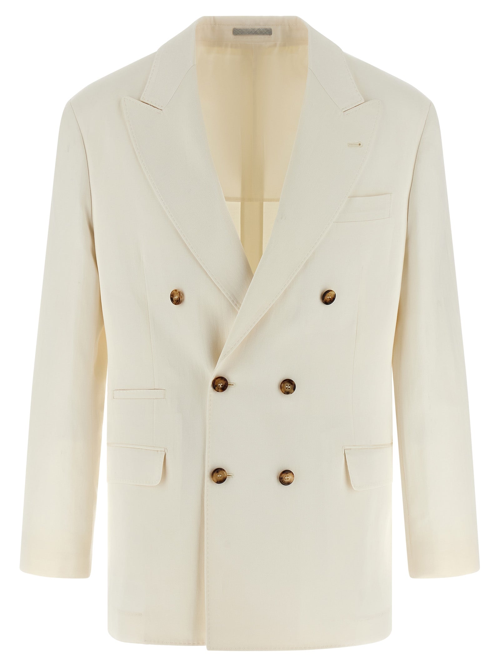 This Blazer by Brunello Cucinelli for men in linen silk & cupro white & signature presents a tailored silhouette, meticulously tailored with a tailored and distinctive for a tailored finish.