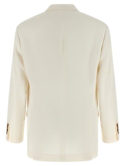 Blazer by Brunello Cucinelli for men in linen silk & cupro white & signature showcases a polished silhouette, highlighted by a refined and polished for a sophisticated finish.