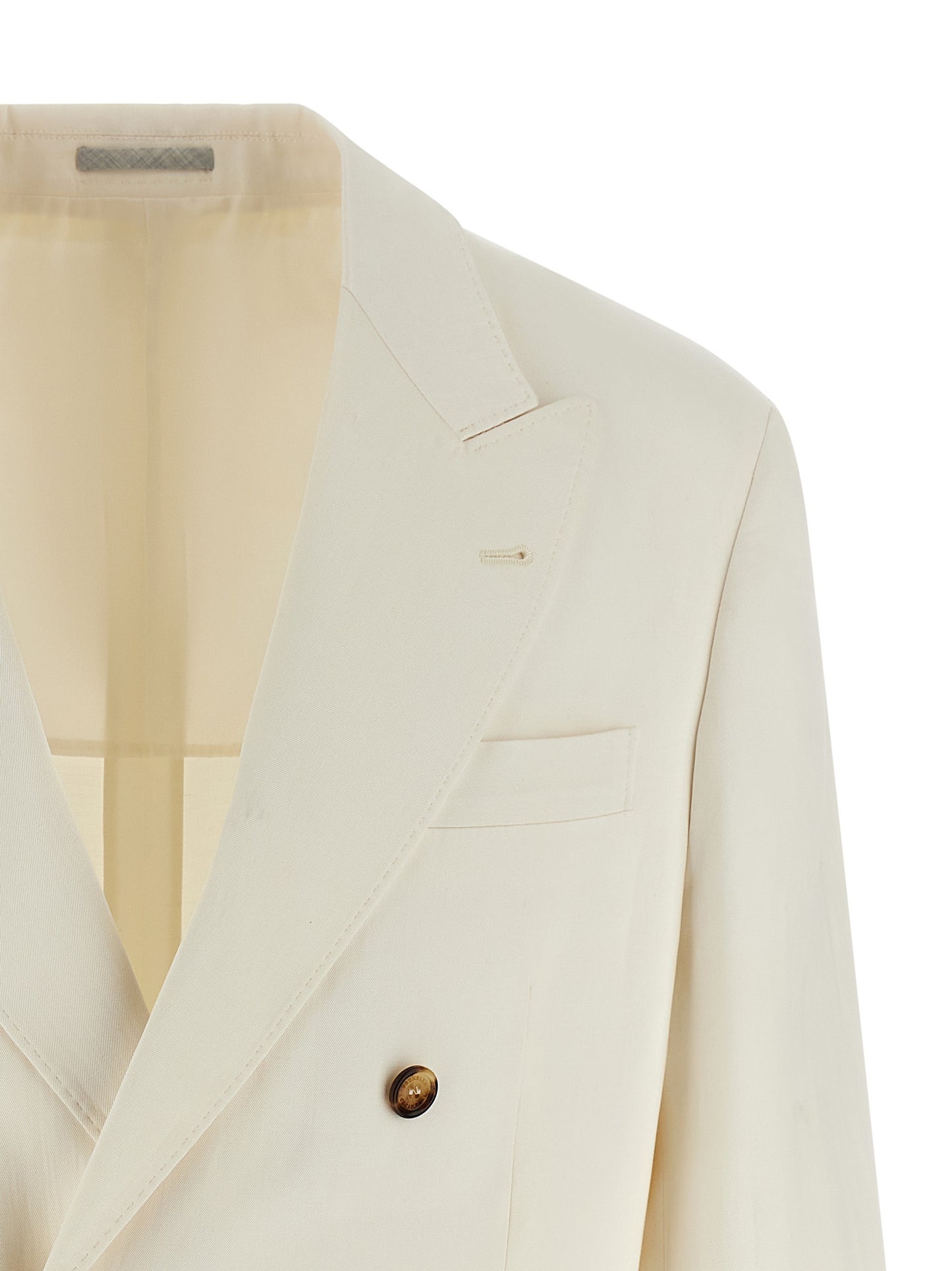 Blazer by Brunello Cucinelli for men in linen silk & cupro white & signature features an sartorial silhouette, showcasing a sophisticated and sartorial for a truly sartorial finish.