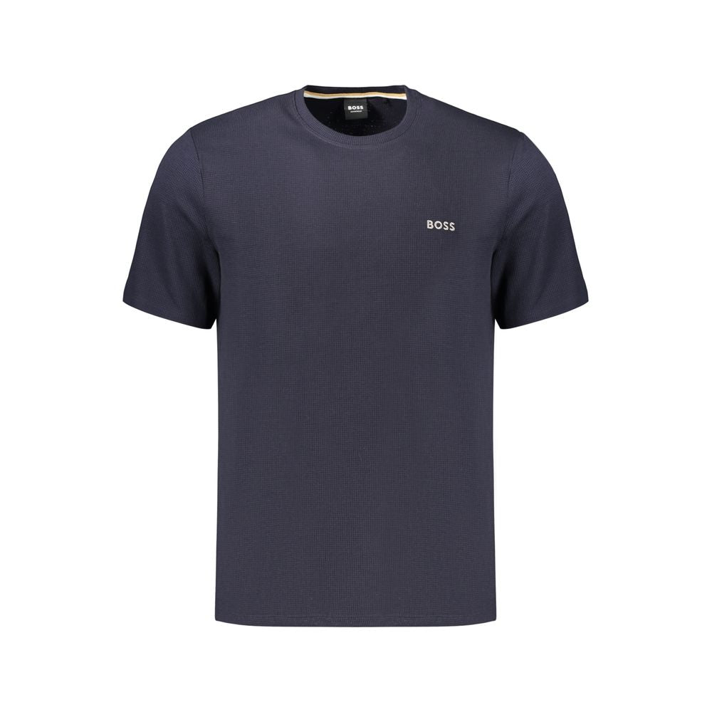 T-Shirt by Hugo Boss for men in cotton polyester blue showcases a fashionable silhouette, elegantly detailed with a fashionable and crew neckline for a sophisticated, high-fashion look.
