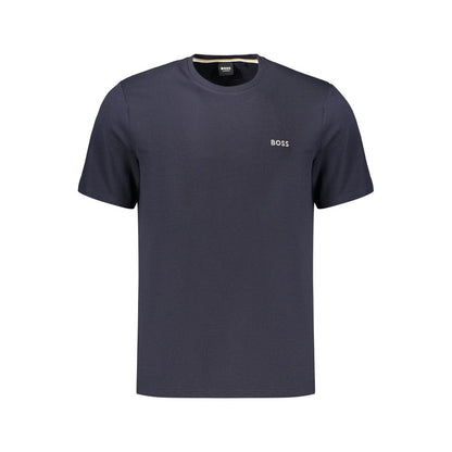 T-Shirt by Hugo Boss for men in cotton polyester blue showcases a fashionable silhouette, elegantly detailed with a fashionable and crew neckline for a sophisticated, high-fashion look.