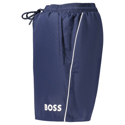 Swim Shorts by Hugo Boss for men in polyester blue & print presents a sculptural silhouette, showcasing the sculptural Waves Men's Polyester Swim Shorts design with a refined cut for a premium, sophisticated look.