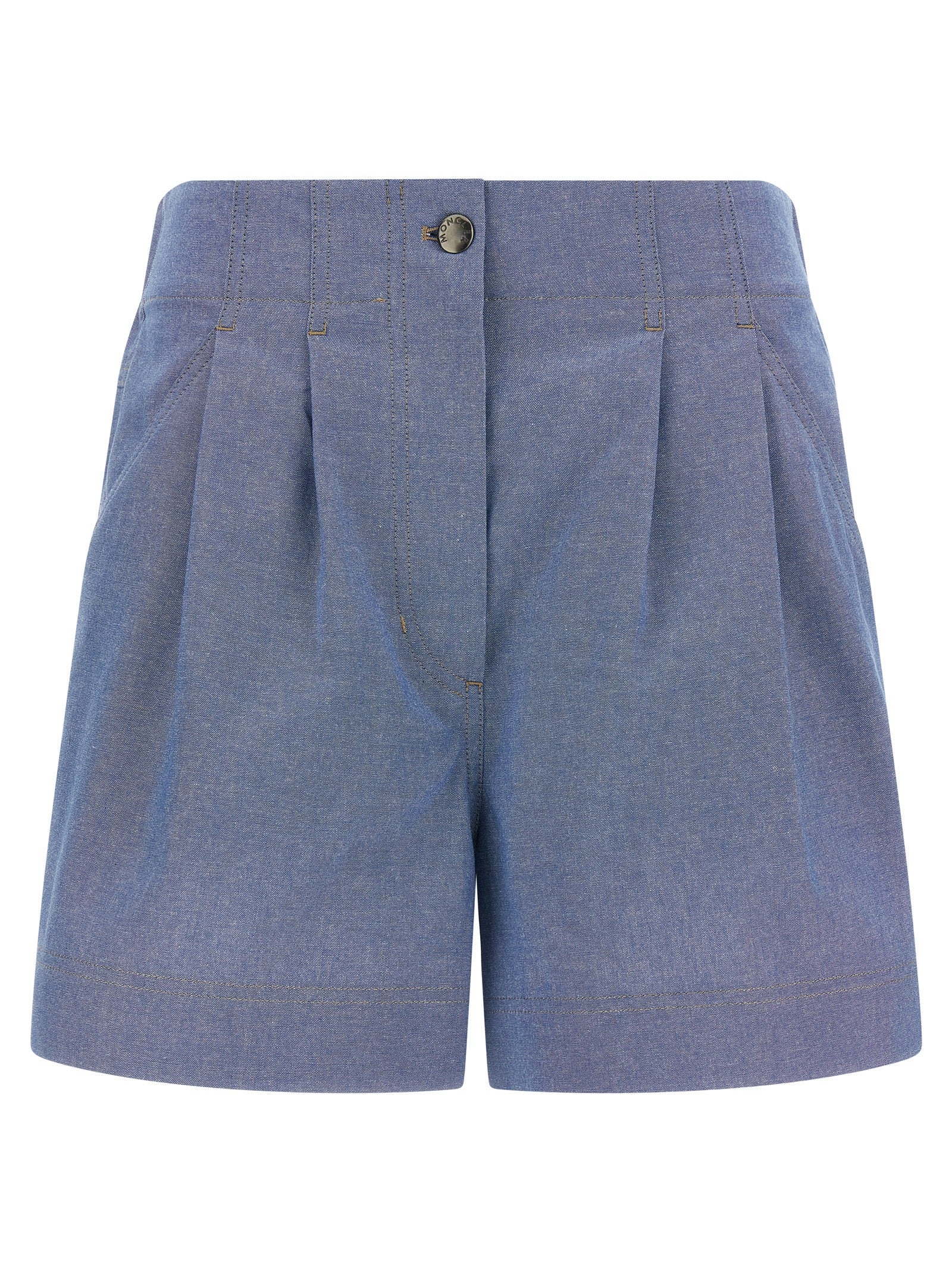 Bermuda Shorts by Moncler Grenoble for women in cotton light-blue & signature features a sartorial silhouette, showcasing a sartorial wide and short with a sophisticated for a sartorial look.
