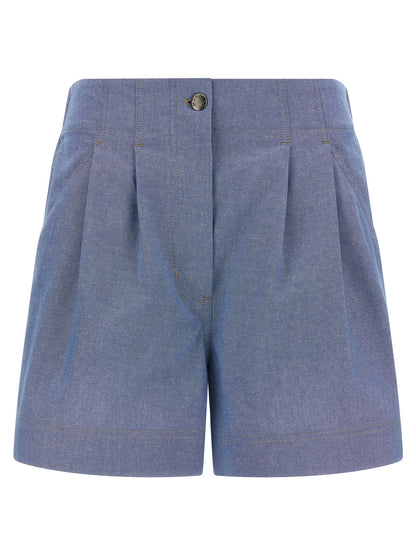 Bermuda Shorts by Moncler Grenoble for women in cotton light-blue & signature features a sartorial silhouette, showcasing a sartorial wide and short with a sophisticated for a sartorial look.