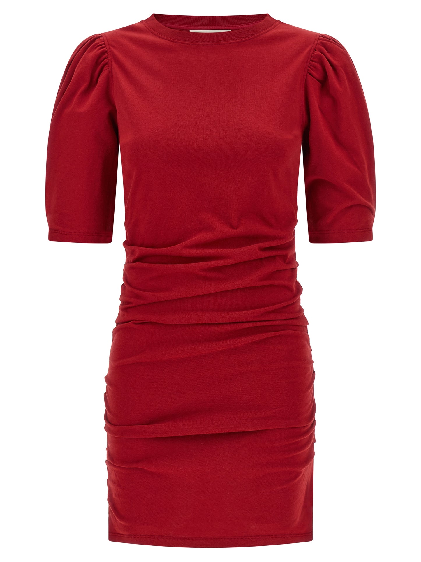 Dress by Isabel Marant for women in organic cotton multicolor & red features a dramatic silhouette, showcasing an elegant round neckline and three-quarter-sleeve that flows into a dramatic short mini.