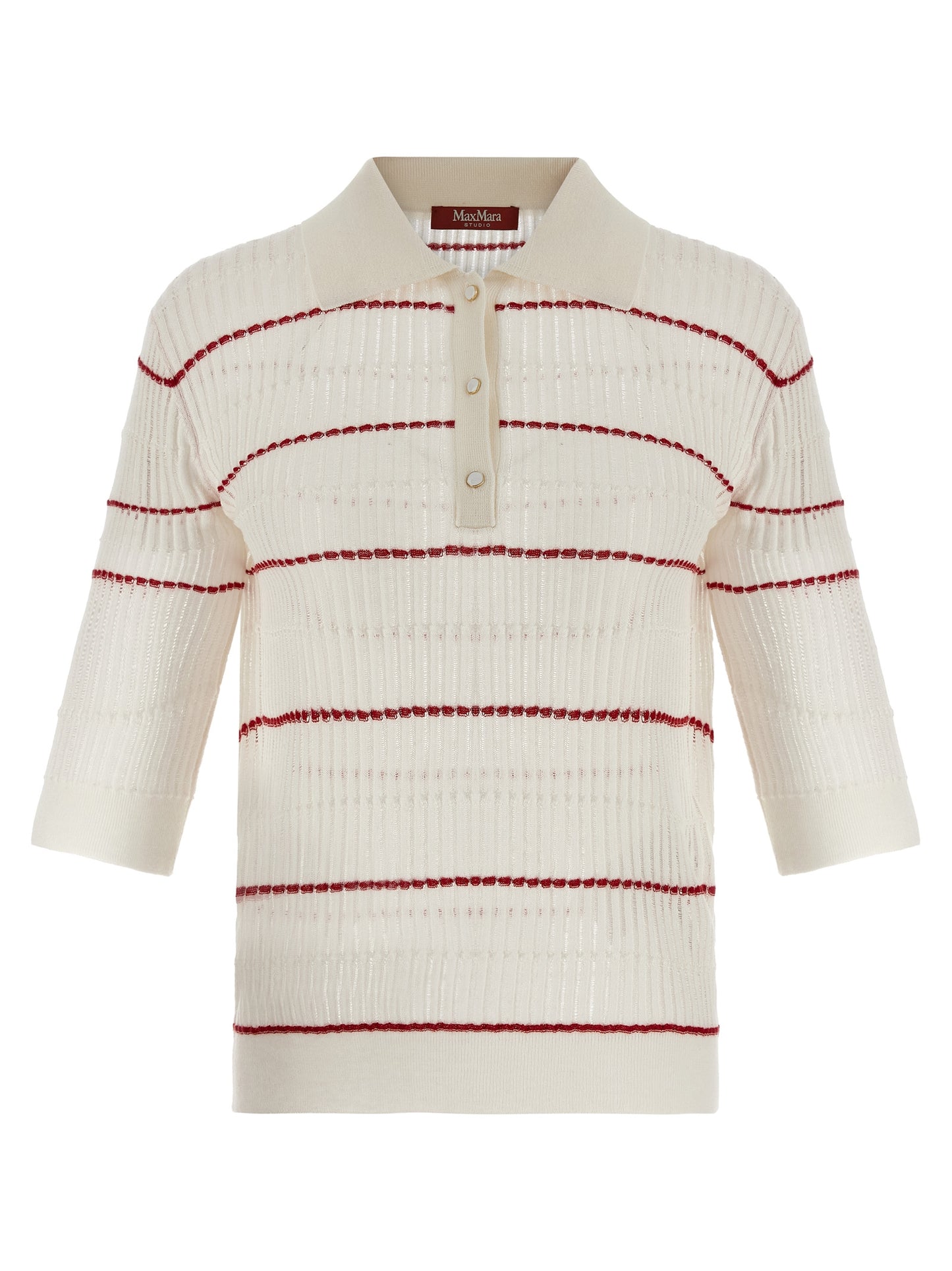 Polo Shirt by Max Mara for women in wool & silk white & patterned showcases a sharp silhouette, detailed with a refined and sharp short-sleeve for a sophisticated finish.