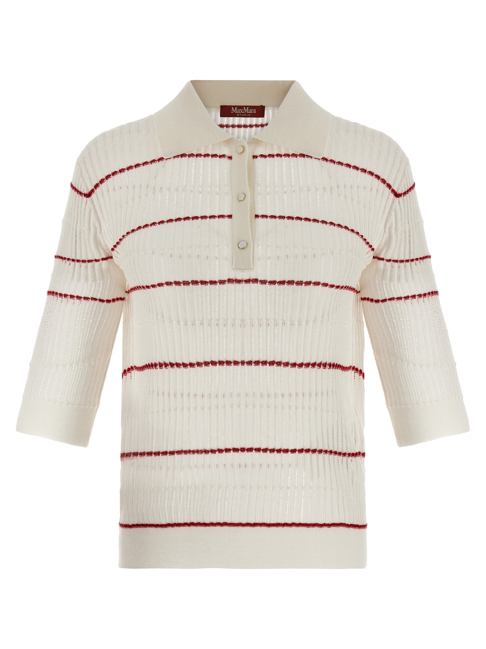 Polo Shirt by Max Mara for women in wool & silk white & patterned showcases a sharp silhouette, detailed with a refined and sharp short-sleeve for a sophisticated finish.