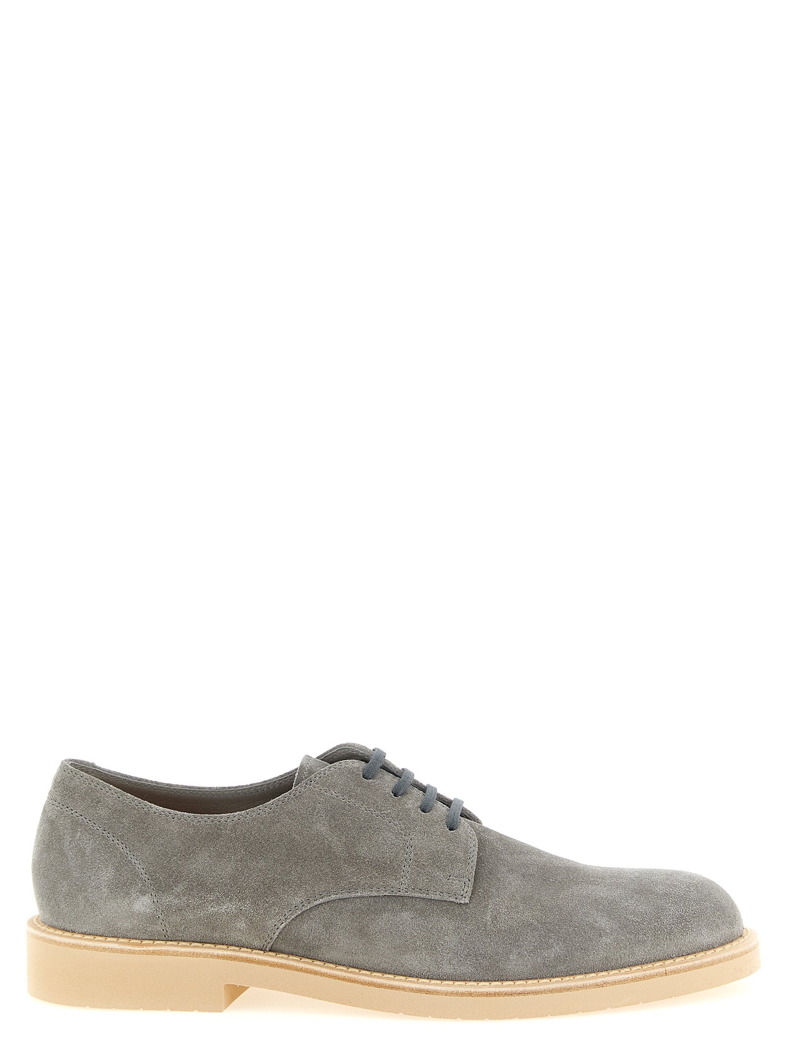 Derby Lace-Up Shoes by Brunello Cucinelli for men in calf leather & rubber gray features an effortless chic silhouette, showcasing the Men's Calf Leather & Rubber Derby Lace-Up Shoes design with an effortless chic and a for a effortless chic look.