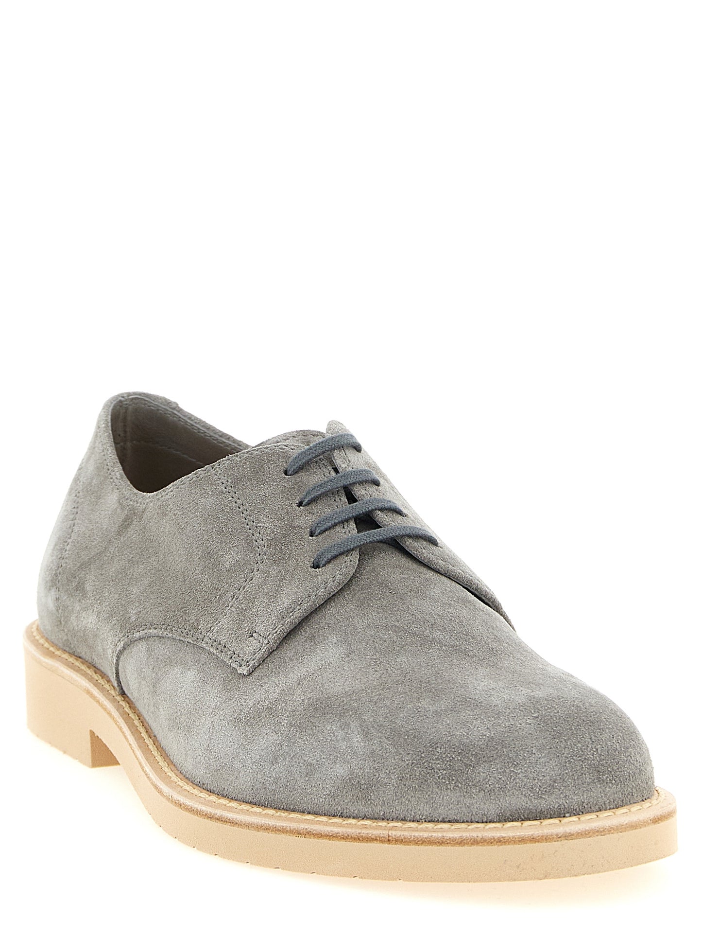 Derby Lace-Up Shoes by Brunello Cucinelli for men in calf leather & rubber gray showcases a impeccable silhouette as Men's Calf Leather & Rubber Derby Lace-Up Shoes, artfully designed with a impeccable and refined for a impeccable finish.
