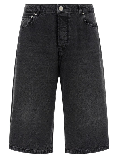 Ami Paris Men's Flared Wide Leather & Cotton Bermuda Shorts - Black