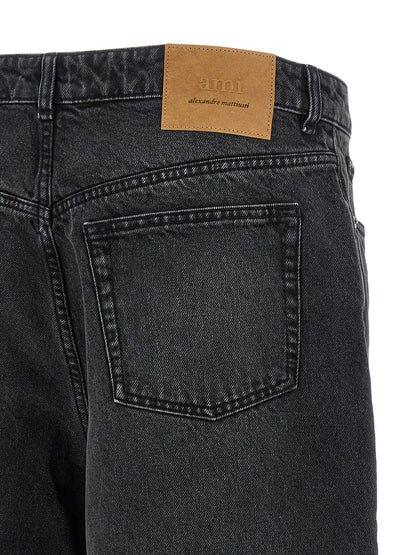 Ami Paris Men's Flared Wide Leather & Cotton Bermuda Shorts - Black