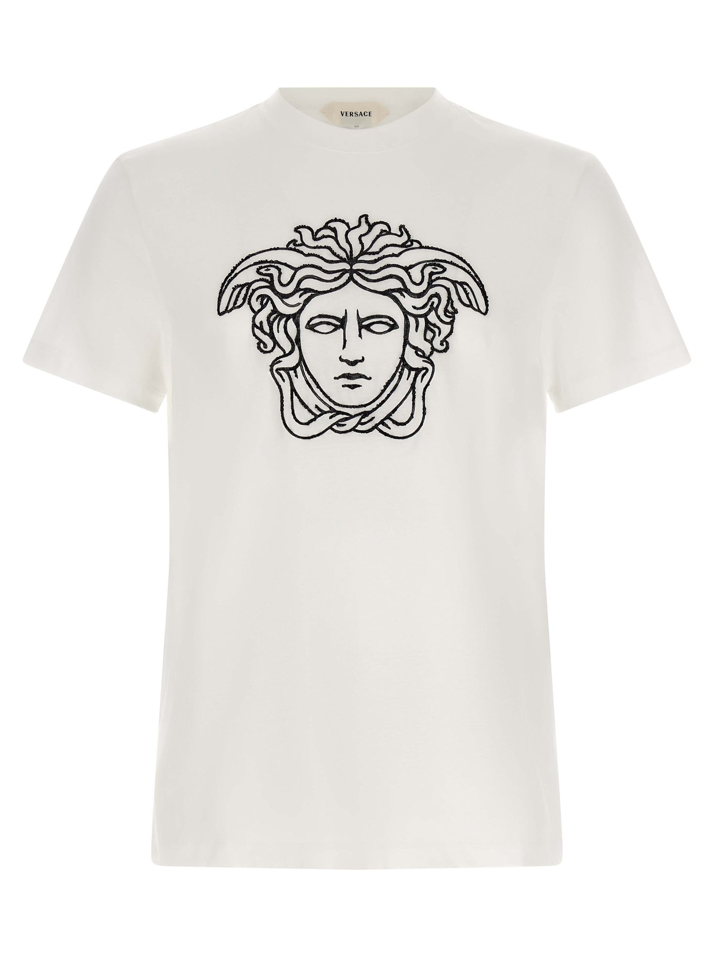 T-Shirt by Versace for men in cotton bicolour, black & white showcases a dramatic silhouette, elegantly detailed with a dramatic crew neckline and short-sleeve for a truly dramatic finish.
