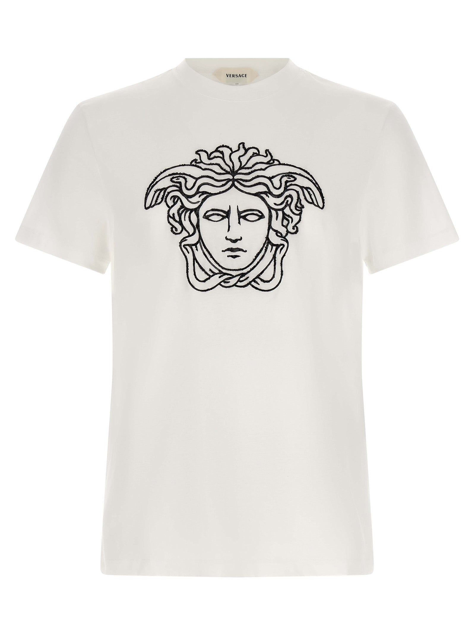 T-Shirt by Versace for men in cotton bicolour, black & white showcases a dramatic silhouette, elegantly detailed with a dramatic crew neckline and short-sleeve for a truly dramatic finish.