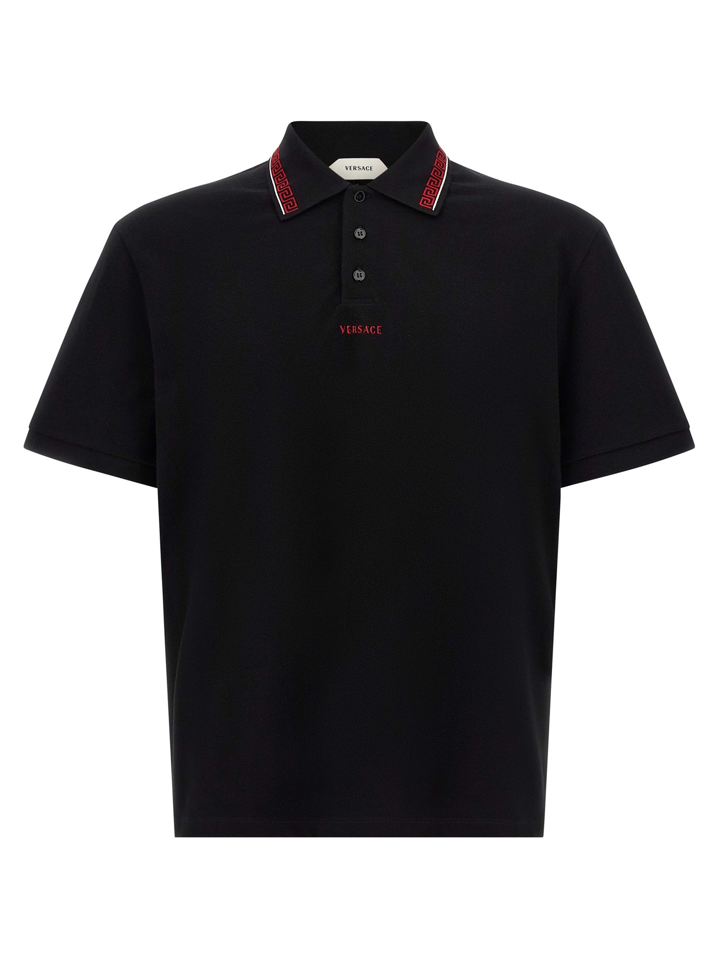 Polo Shirt by Versace for men in cotton black presents a sleek silhouette, featuring a refined and for a sleek finish.