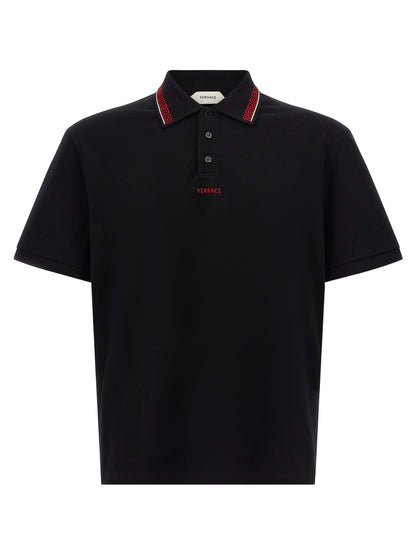 Polo Shirt by Versace for men in cotton black presents a sleek silhouette, featuring a refined and for a sleek finish.