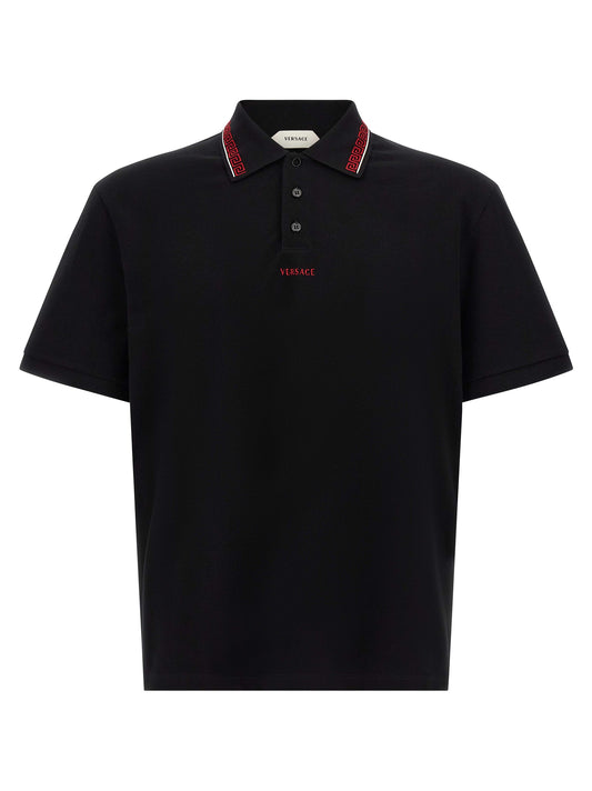 Polo Shirt by Versace for men in cotton black presents a sleek silhouette, featuring a refined and for a sleek finish.