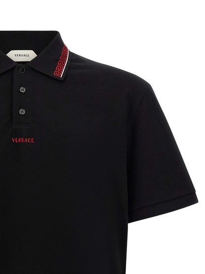 Polo Shirt by Versace for men in cotton black showcases a sharp silhouette, detailed with a refined and sharp for a sophisticated finish.