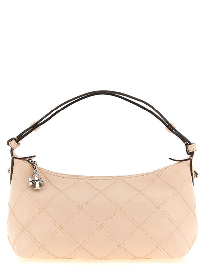 Mini 2-in-1 Shoulder & Crossbody Clutch Handbag by Tory Burch for women in nappa leather multicolor, pink, silver & patterned features a statuesque silhouette, showcasing a secure zipper and organized with versatile crossbody-strap & shoulder-strap for statuesque evening wear.
