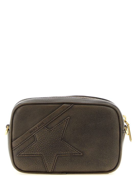 Mini Camera Clutch Handbag by Golden Goose for women in bos taurus calf suede leather brown & signature features a statuesque silhouette, showcasing a secure zipper and organized with versatile shoulder-strap for statuesque evening wear.