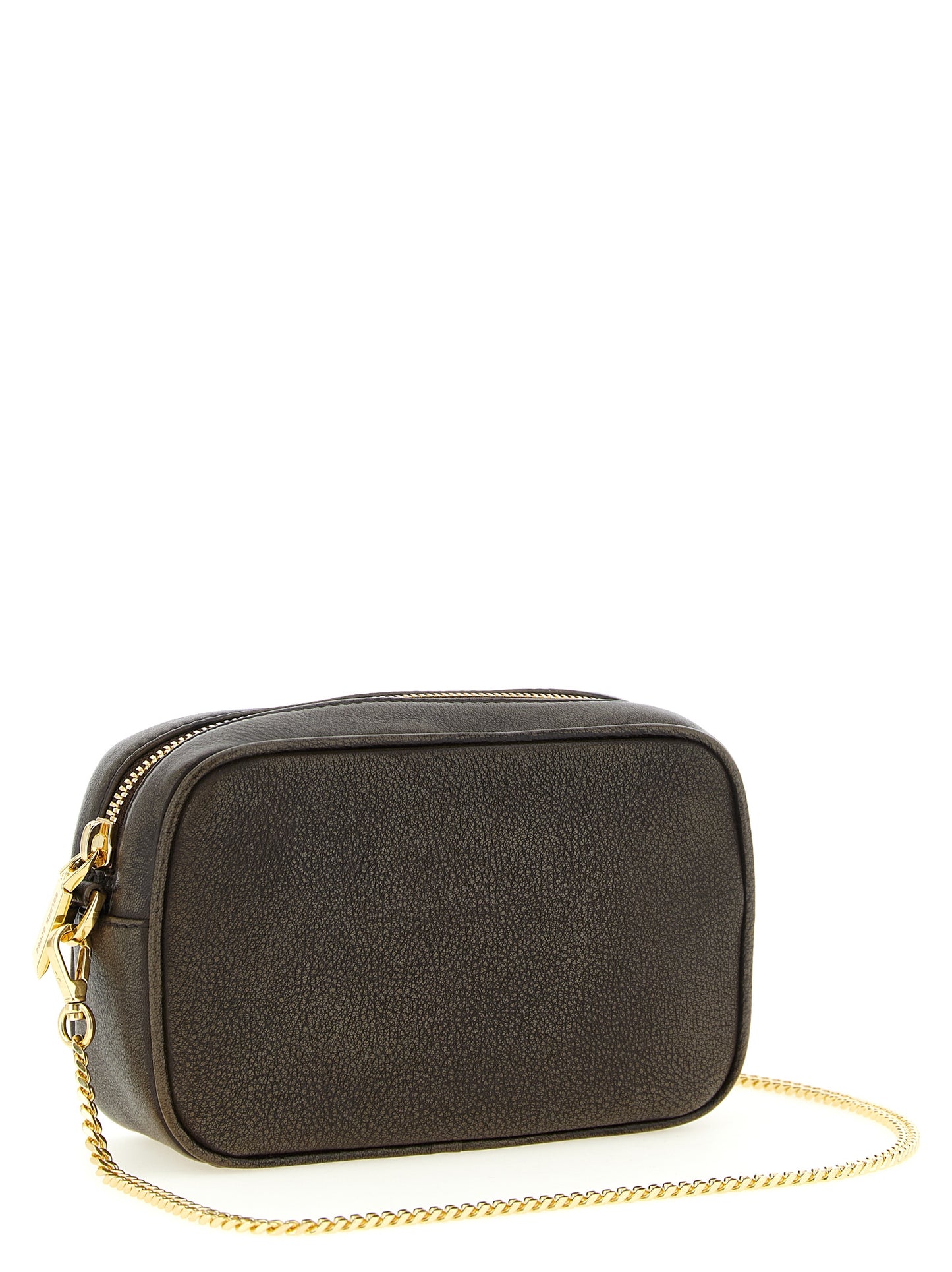Mini Camera Clutch Handbag by Golden Goose for women in bos taurus calf suede leather brown & signature features a sculptural silhouette with a secure zipper, ample , and versatile shoulder-strap for a sculptural finish.