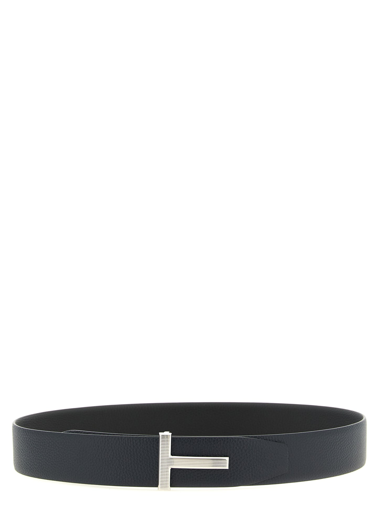 Belt by Tom Ford for men in palladium brass & grained calf leather black, dark-blue, multicolor & palladium features an artisanal finish, elegantly showcasing the signature style and artisanal craftsmanship of the Icon Palladium Brass & Grained Calf Leather Belt design.