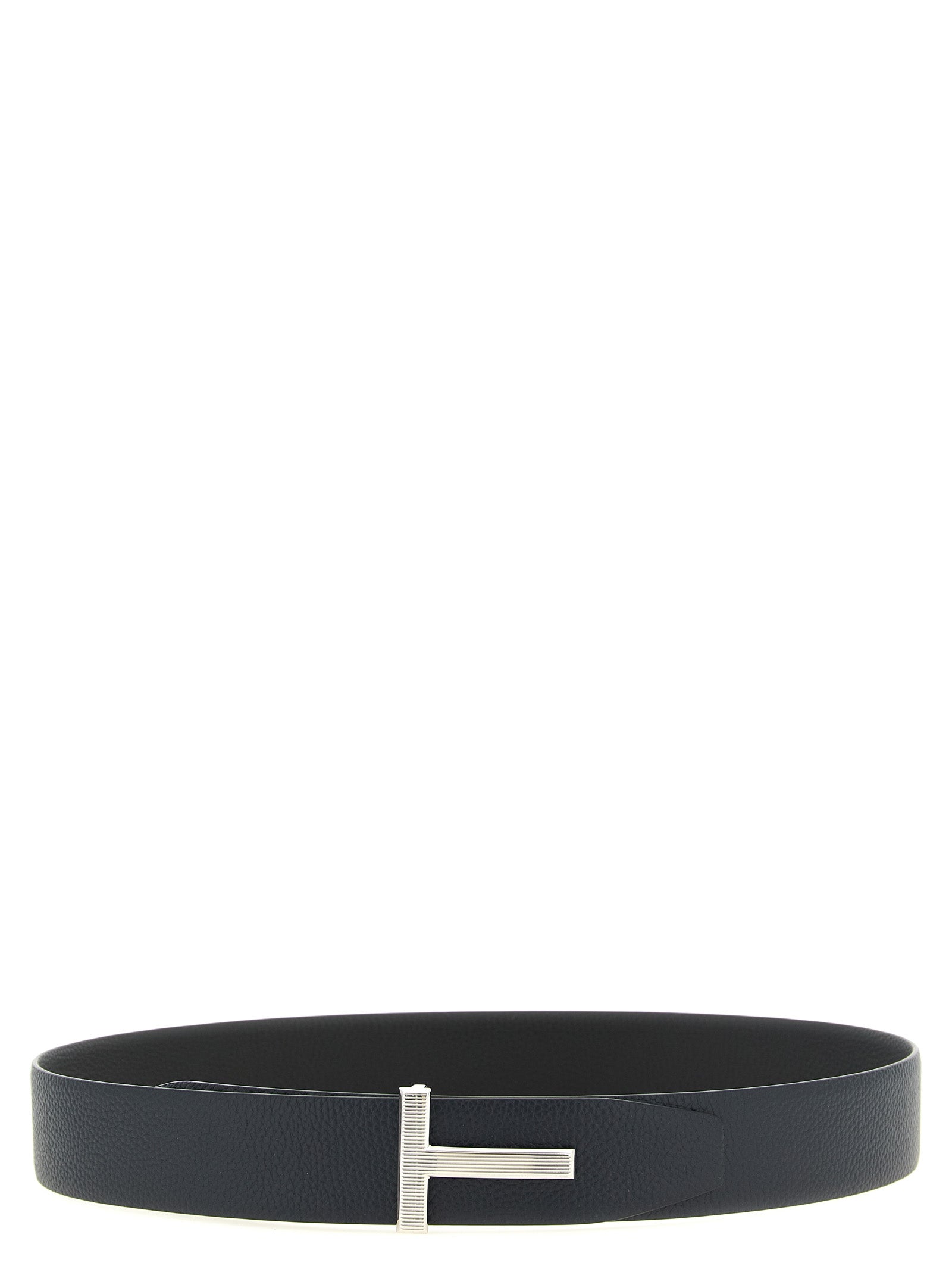 Belt by Tom Ford for men in palladium brass & grained calf leather black, dark-blue, multicolor & palladium features an artisanal finish, elegantly showcasing the signature style and artisanal craftsmanship of the Icon Palladium Brass & Grained Calf Leather Belt design.