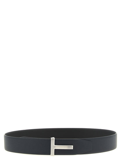 Belt by Tom Ford for men in palladium brass & grained calf leather black, dark-blue, multicolor & palladium features an artisanal finish, elegantly showcasing the signature style and artisanal craftsmanship of the Icon Palladium Brass & Grained Calf Leather Belt design.