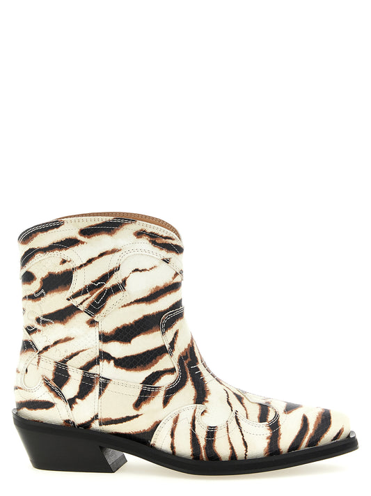 Cuban Ankle Chelsea Cowboy Boots by Ganni for women in polyester & polyurethane beige, zebra, patterned & print features an dynamic silhouette, showcasing the dynamic Women's Polyester & Polyurethane Cuban Ankle Chelsea Cowboy Boots design with its distinctive cuban-heel and elegant pointed toe style.