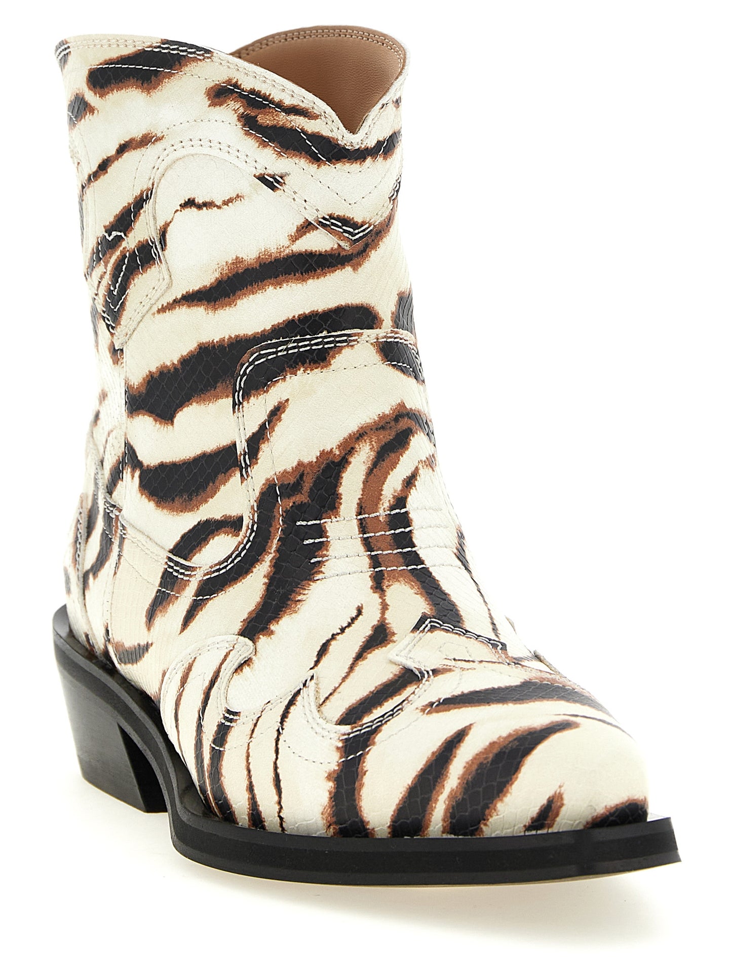 Cuban Ankle Chelsea Cowboy Boots by Ganni for women in polyester & polyurethane beige, zebra, patterned & print showcases a impeccable silhouette as Women's Polyester & Polyurethane Cuban Ankle Chelsea Cowboy Boots, artfully defined by a impeccable cuban-heel and a impeccable pointed toe style.