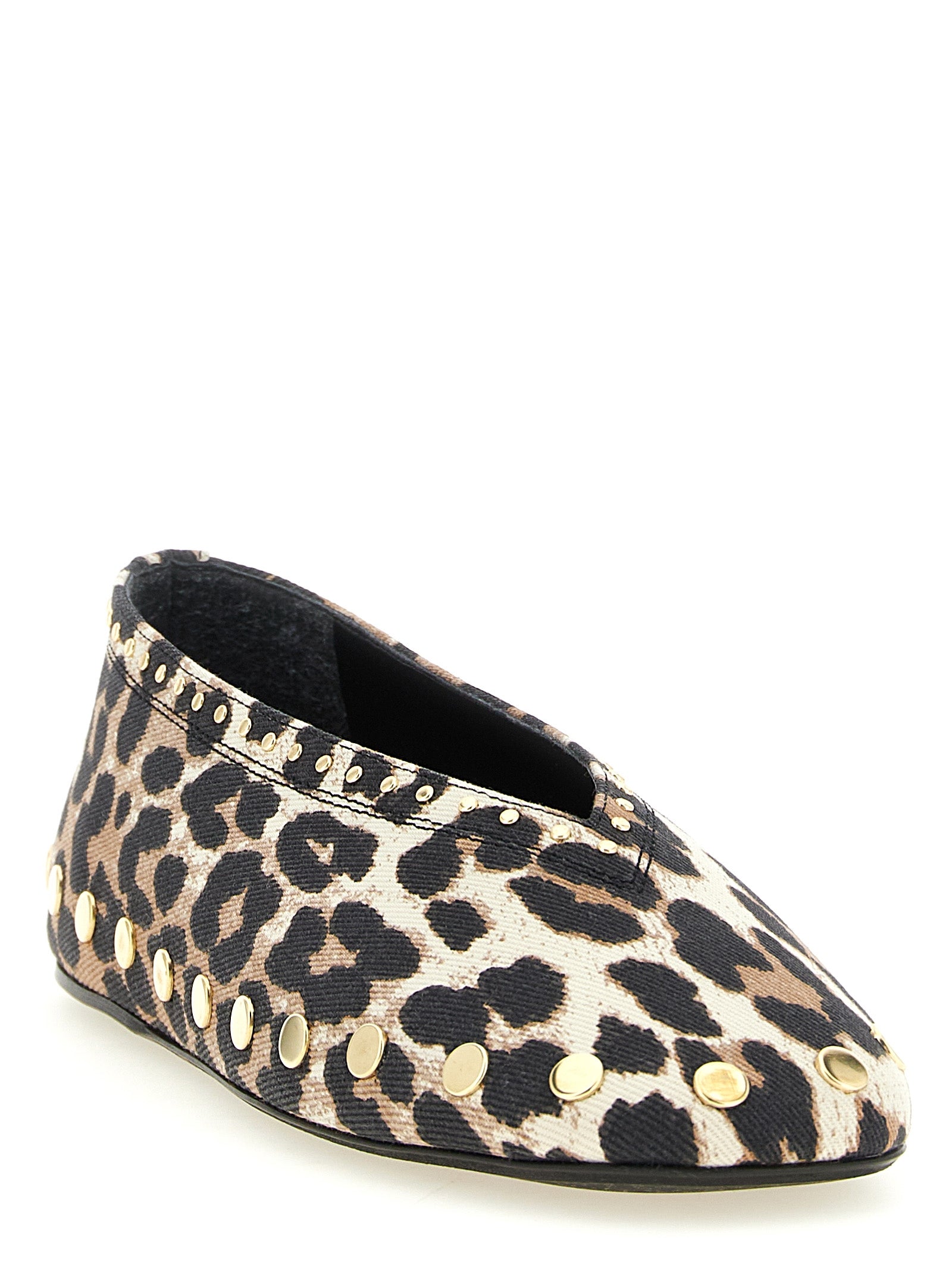 Ballet Flat Shoes by Ganni for women in stretch denim cotton animal, gold, multicolor, signature & print showcases a resplendent 9 To 5 Jenny Women's Stretch Denim Cotton Ballet Flat Shoes aesthetic with a and square toe style.