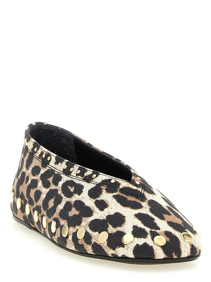 Ballet Flat Shoes by Ganni for women in stretch denim cotton animal, gold, multicolor, signature & print showcases a resplendent 9 To 5 Jenny Women's Stretch Denim Cotton Ballet Flat Shoes aesthetic with a and square toe style.