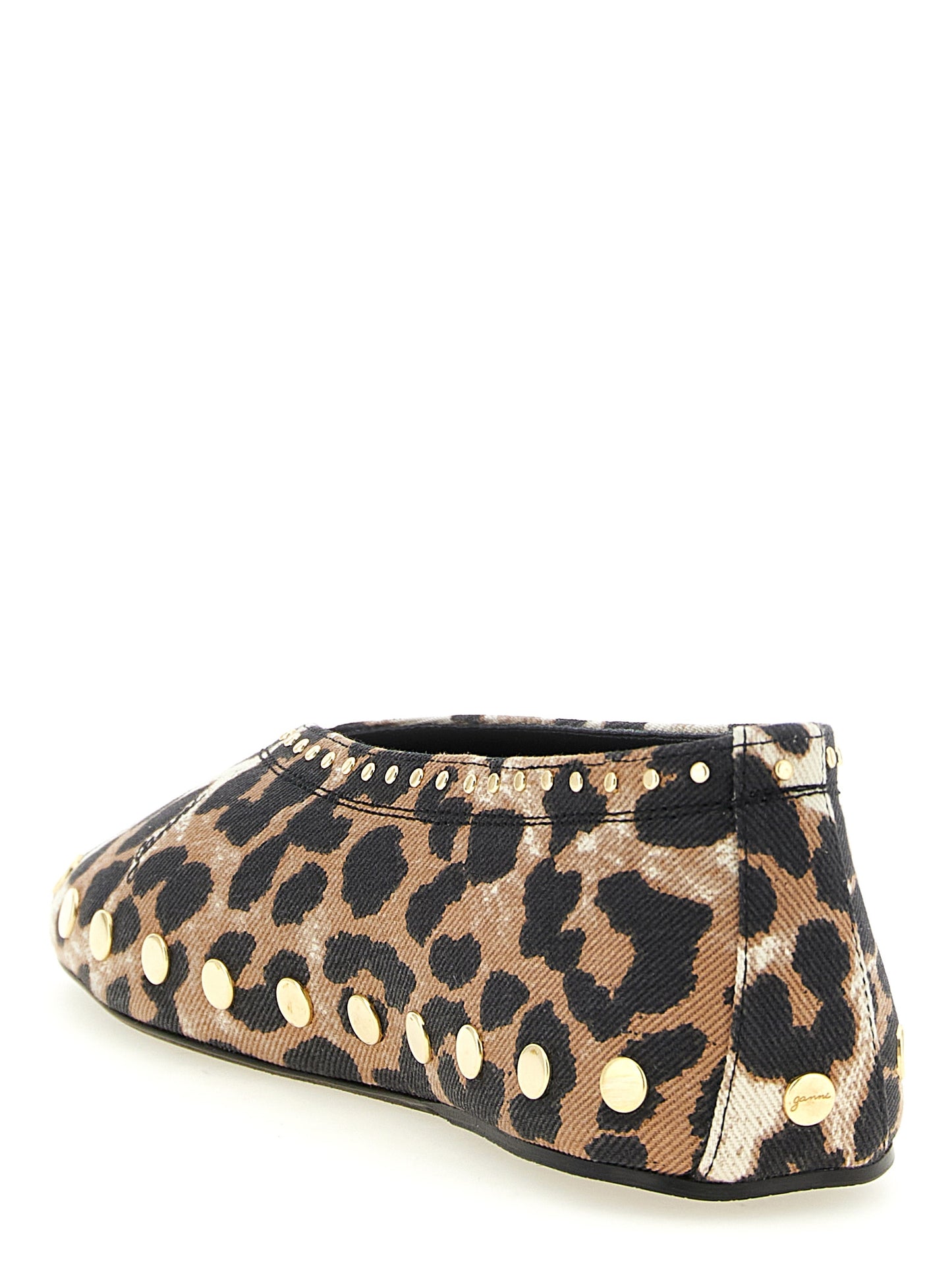 Ballet Flat Shoes by Ganni for women in stretch denim cotton animal, gold, multicolor, signature & print showcases a enchanting silhouette as part of the 9 To 5 Jenny Women's Stretch Denim Cotton Ballet Flat Shoes collection, defined by a enchanting square toe style and for a enchanting look.