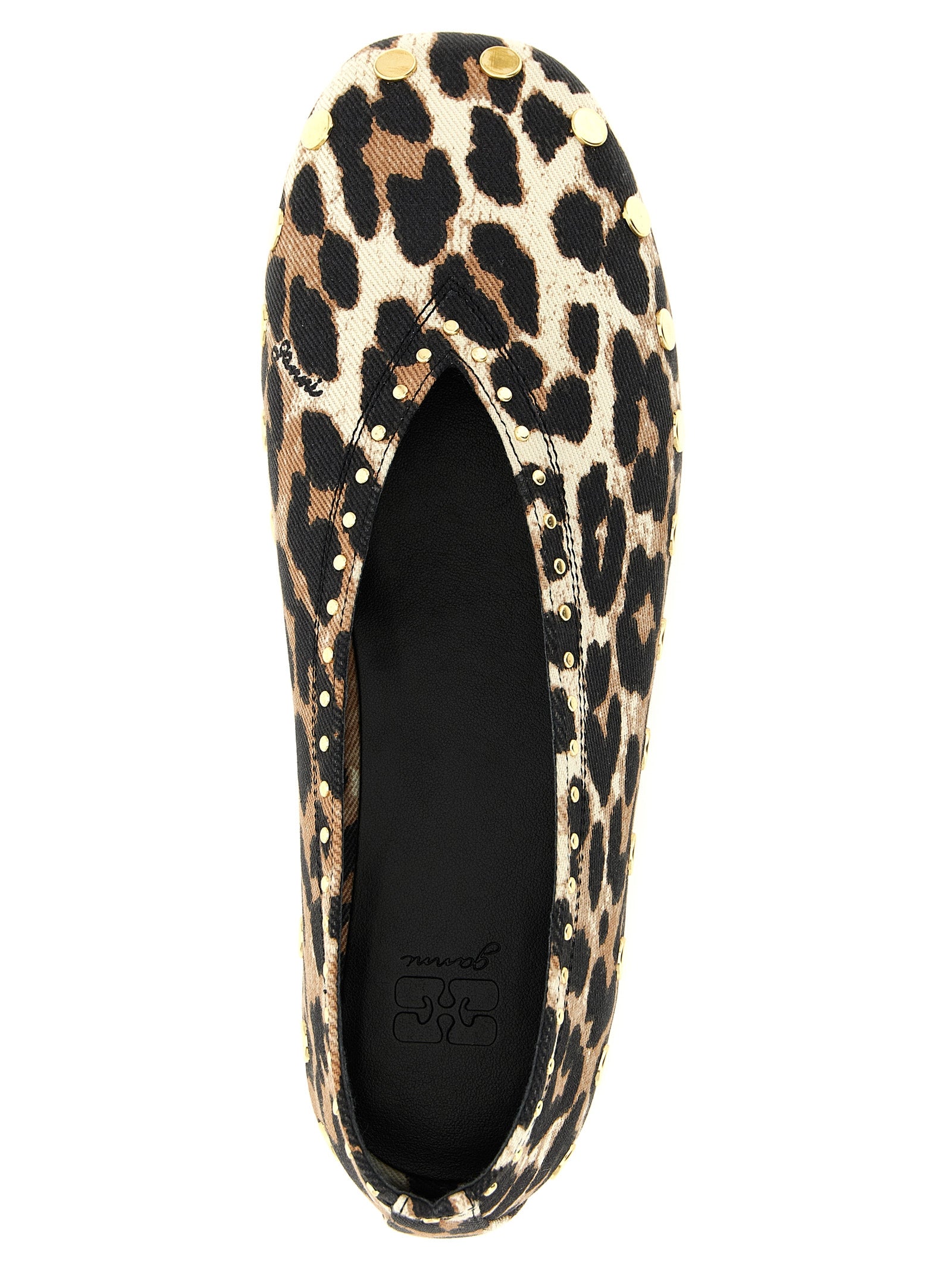 Ballet Flat Shoes by Ganni for women in stretch denim cotton animal, gold, multicolor, signature & print features an statuesque silhouette from the 9 To 5 Jenny Women's Stretch Denim Cotton Ballet Flat Shoes collection, showcasing a and a statuesque square toe style for a statuesque look.