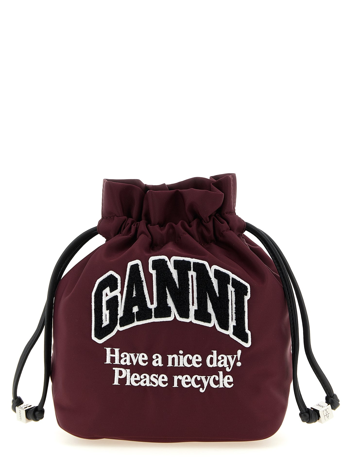 Bucket Pouch Clutch Handbag by Ganni for women in polyamide leather bordeaux & silver features a architectural silhouette, showcasing a secure , ample , and versatile for a architectural finish.