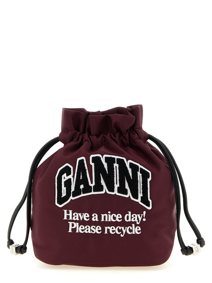 Bucket Pouch Clutch Handbag by Ganni for women in polyamide leather bordeaux & silver features a architectural silhouette, showcasing a secure , ample , and versatile for a architectural finish.