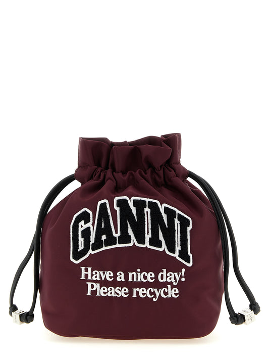 Bucket Pouch Clutch Handbag by Ganni for women in polyamide leather bordeaux & silver features a architectural silhouette, showcasing a secure , ample , and versatile for a architectural finish.