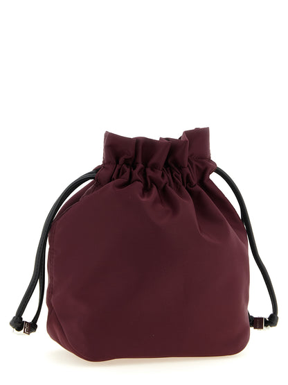 Bucket Pouch Clutch Handbag by Ganni for women in polyamide leather bordeaux & silver features a sculptural silhouette with a secure , ample , and versatile for a sculptural finish.