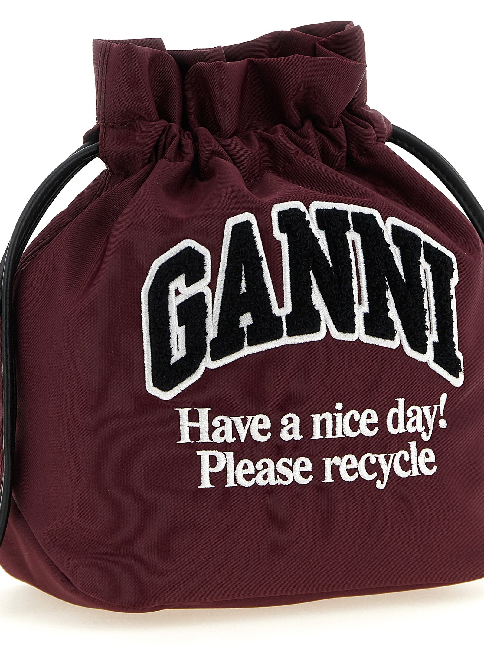 Bucket Pouch Clutch Handbag by Ganni for women in polyamide leather bordeaux & silver features a sculptural silhouette with a secure , organized , and versatile for a sculptural finish.