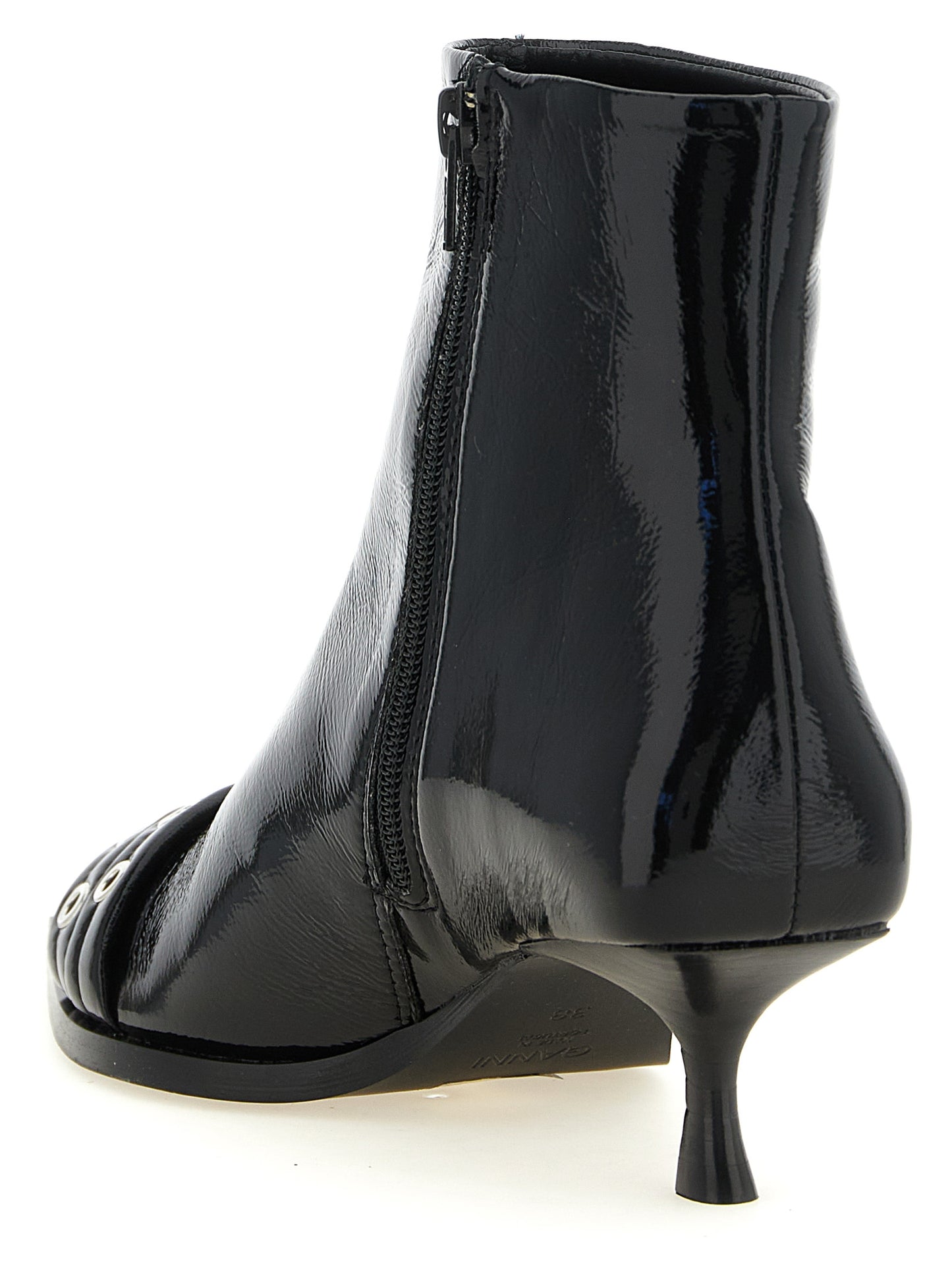 Kitten Ankle Boots by Ganni for women in polyethylene polyurethane cotton & leather black & silver showcases a ergonomic silhouette from the Women's Polyethylene Polyurethane Cotton & Leather Kitten Ankle Boots collection, featuring a ergonomic kitten-heel and a ergonomic pointed toe style.