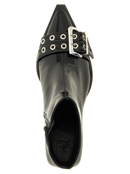 Kitten Ankle Boots by Ganni for women in polyethylene polyurethane cotton & leather black & silver features an avant-garde Women's Polyethylene Polyurethane Cotton & Leather Kitten Ankle Boots silhouette, defined by a sophisticated kitten-heel and a avant-garde pointed toe style.